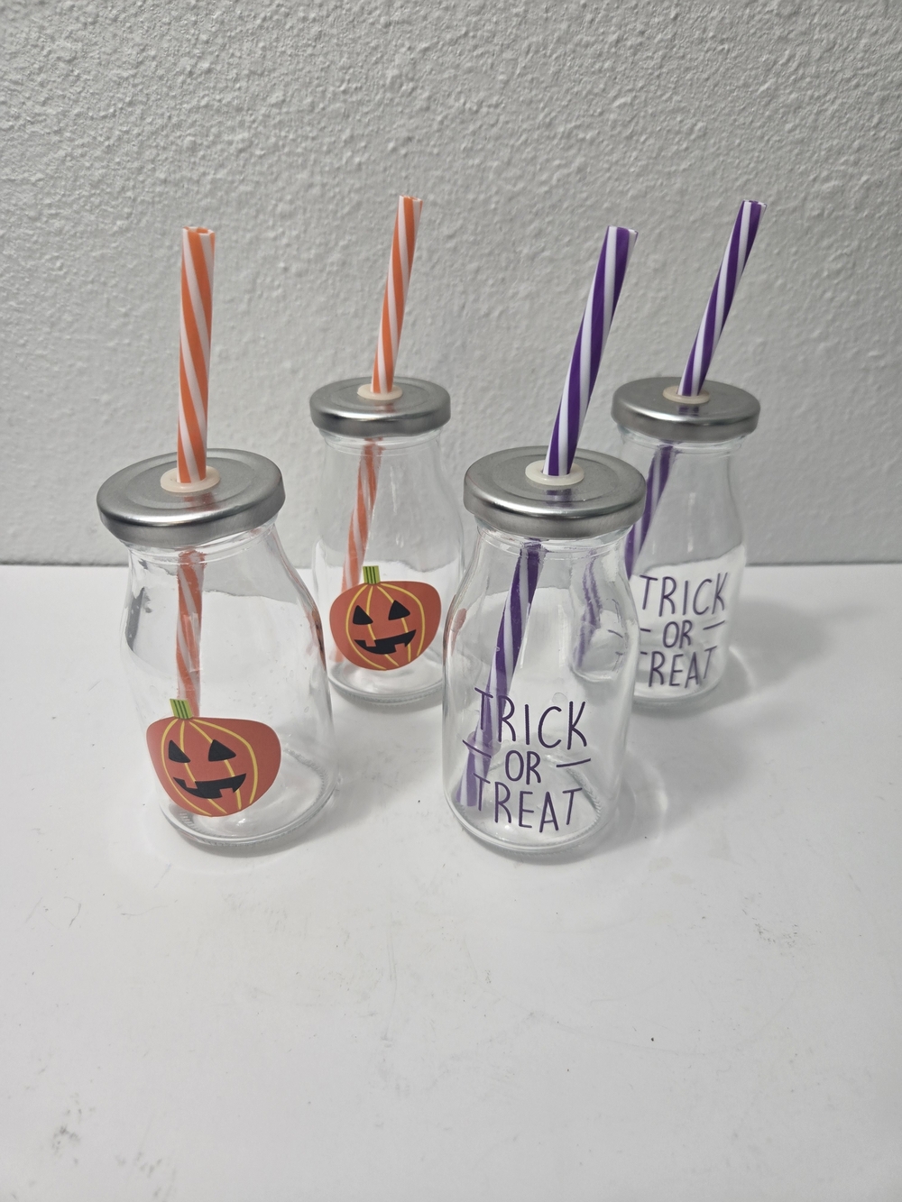 Halloween Trick or Treat Glass Milk Bottles with Orange & Purple Straws